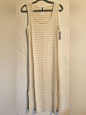 Jantzen L Tan & White Striped Sleeveless Midi Dress Coverup